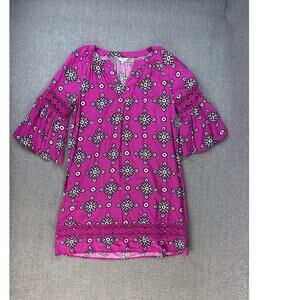 Crown & Ivy Dress Bell Sleeve Crochet Magenta Navy Geometric Print Size Small